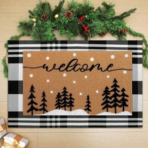 2 Pcs Winter Door Non Slip Coir Mats Floor Layering Snowy Tree Black White Buffalo Plaid Doormats Seasonal Front Porch - 1 of 4