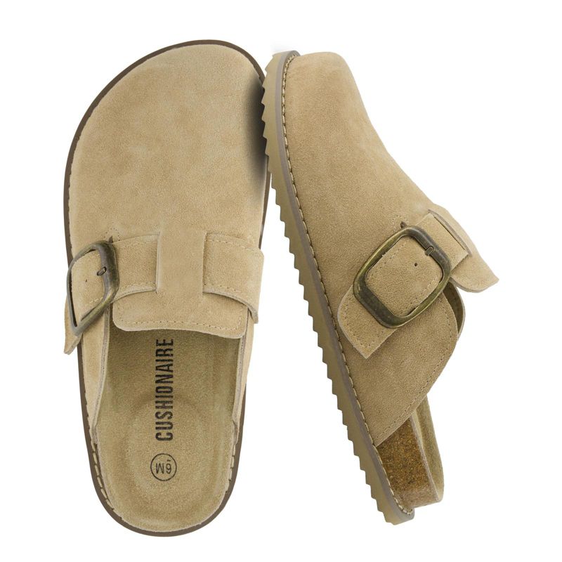 CUSHIONAIRE Blain Genuine Suede Clogs for Women | Slip-On Mules with Memory Foam & Oversized Buckle | Non-Slip Comfort Clogs Biscuit Suede 6