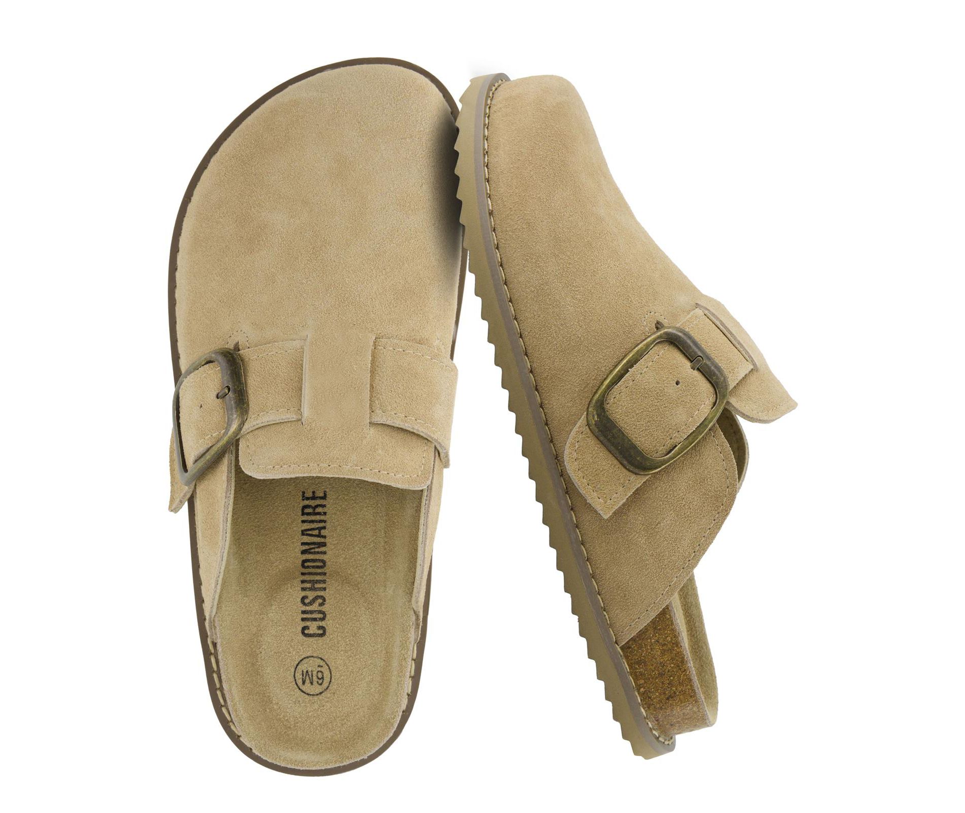 CUSHIONAIRE Blain Genuine Suede Clogs for Women | Slip-On Mules with Memory Foam & Oversized Buckle | Non-Slip Comfort Clogs & Mules Shoes for Women