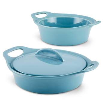 Rachael Ray Solid Glaze Ceramic 3pk Round Casserole Set with Shared Lid Agave Blue