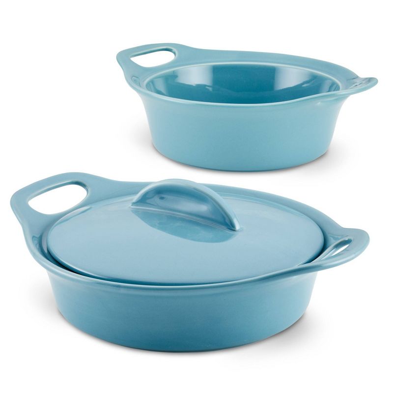 Rachael Ray Solid Glaze Ceramic 3pk Round Casserole Set with Shared Lid Agave Blue, 1 of 7