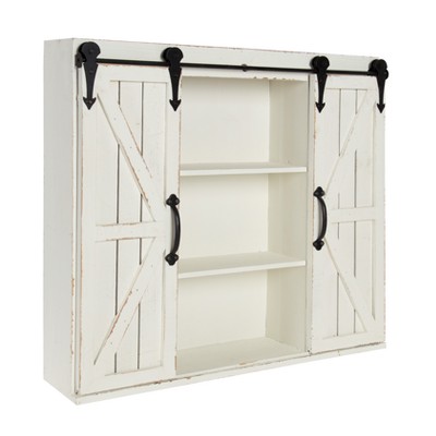 White Farmhouse Wood Wall Storage Cabinet with Sliding Barn Doors
