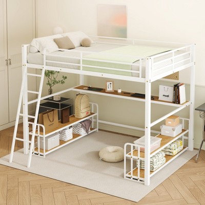 Twin/Full Size Metal Loft Bed with Desk, Storage Shelves and Charging Station with USB and type-c Interfaces, White-ModernLuxe