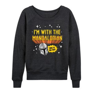 Women's - Star Wars - The Mandalorian Im With Mando Lightweight French Terry Wide Neck Long Sleeve Graphic Shirt - 1 of 4