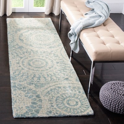 Ivory and Blue Abstract Handmade Wool Runner Rug