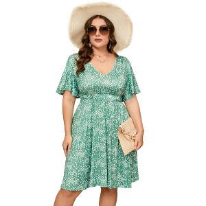 Women's Plus Size Boho Floral V Neck Ruffle Short Sleeve Dress Elastic High Waist A Line Dress - 1 of 4