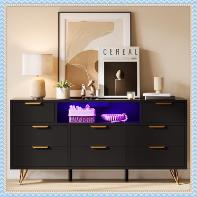 Jojoka Modern 8-Drawer Dresser TV Stand with LED Light, Power Outlets & Open Shelf – Fits 32-65" TVs for Bedroom or Living Room