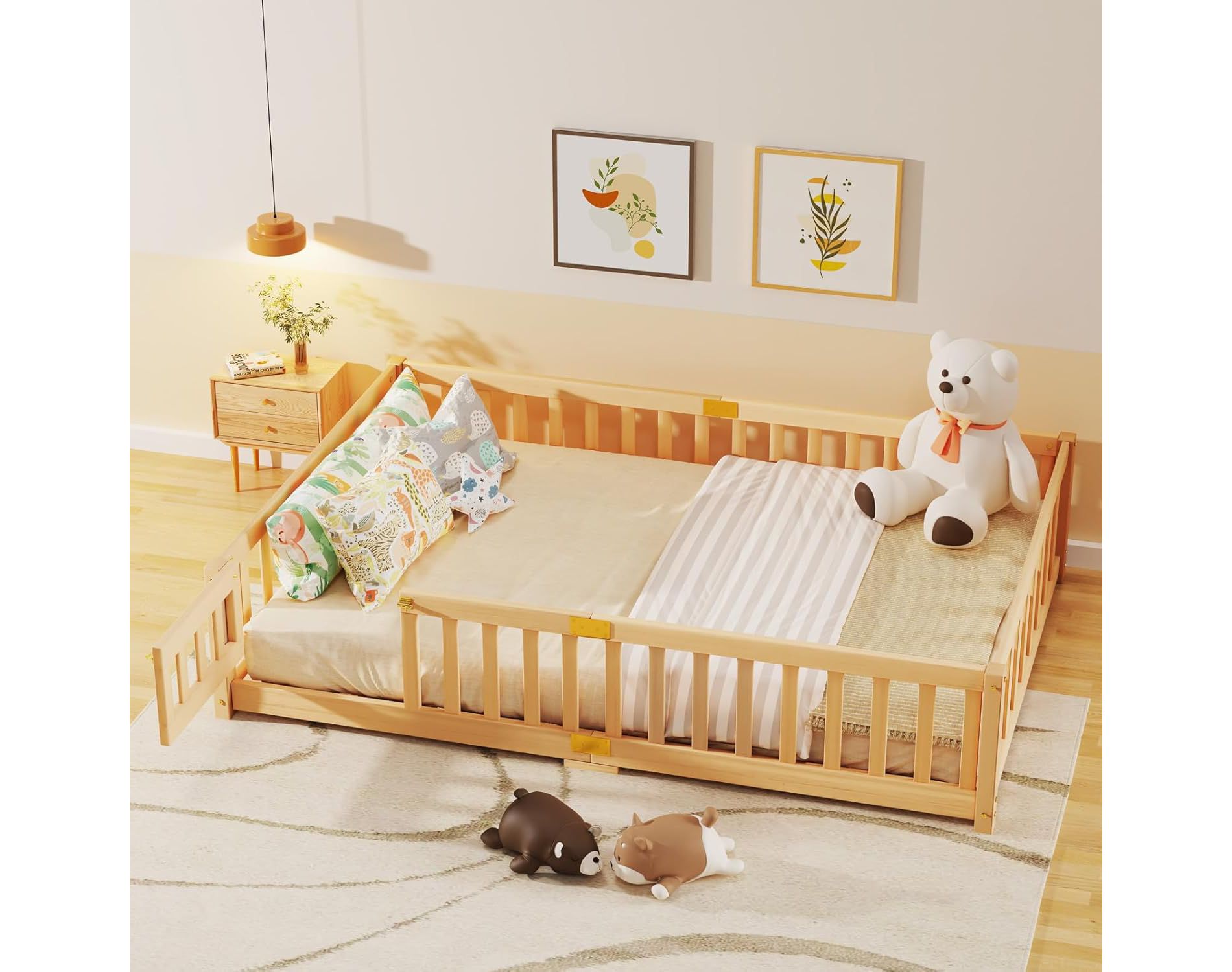 DoCred Toddler Floor Bed for Kids, Wood Floor Bed w/Slats & Fence for Girls and Boys, Montessori Bed Frame