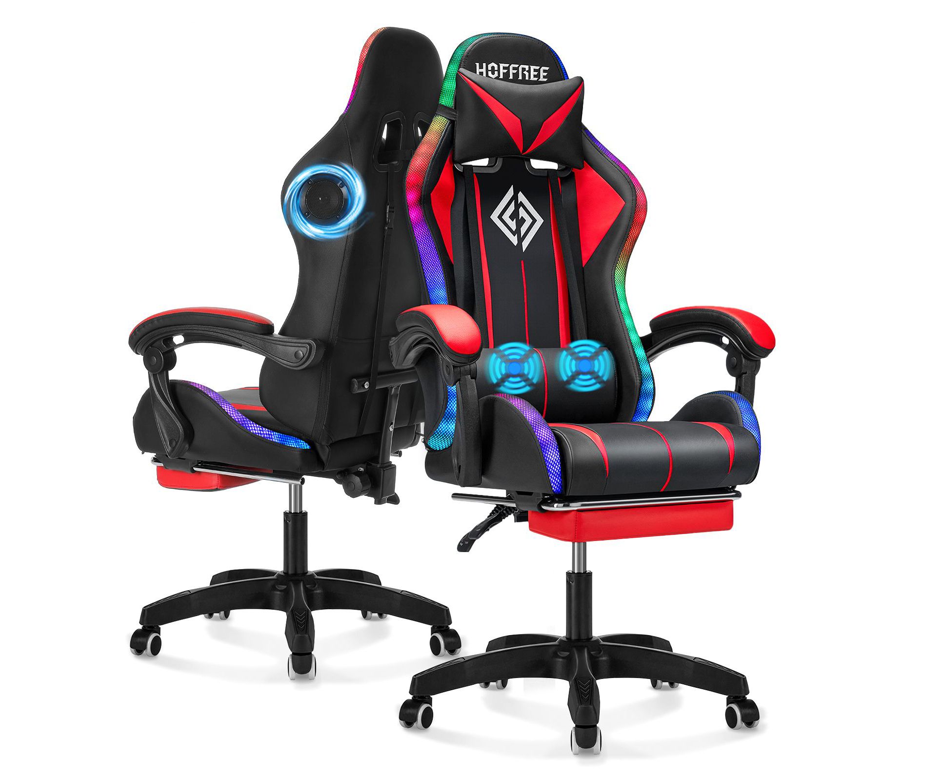 Hoffree Comfort Massage Gaming Chair Ergonomic Office PC Chair with Bluetooth Speaker & RGB Light