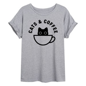 Women's - Instant Message - Cats and Coffee Oversized Graphic T-Shirt - 1 of 4