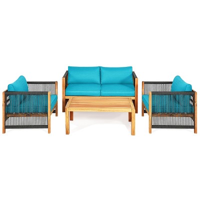 Tangkula Outdoor Patio Wood Conversation Furniture Set Padded Chair with Coffee Table Red/Turquoise