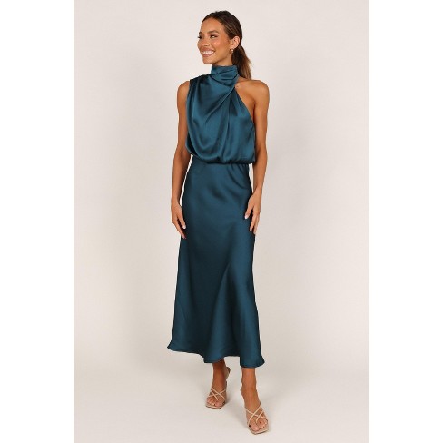 Astounding Elegance Emerald Green Satin Halter Maxi Dress