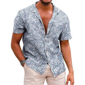 COOFANDY Men's Hawaiian Floral Shirts Cotton Linen Button Down Tropical Holiday Beach Shirts - 1 of 4