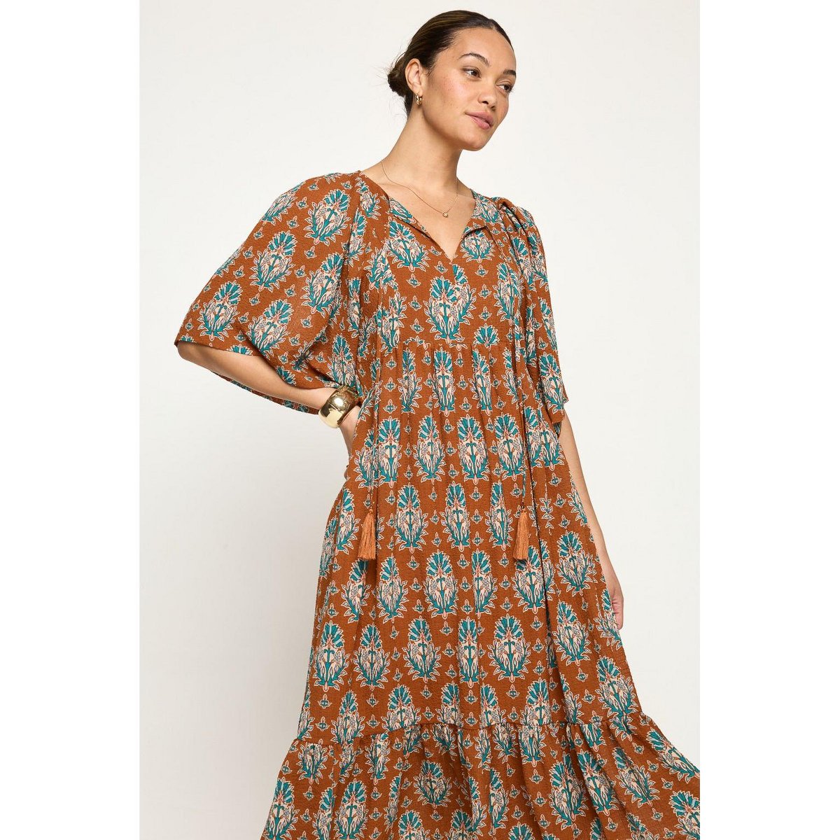 Женские платья West K Everly Flowy Tiered Dress with Tassels - Xsmall - Orange Batik — фото 4