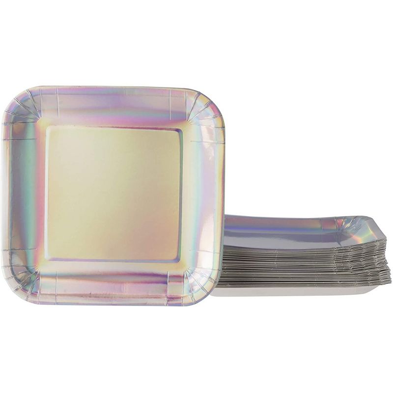 Juvale 48 Pack Square with Silver Holographic Foil Iridescent Disposable Paper Plates 9" Party Supplies, 1 of 8