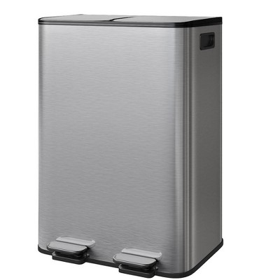 Stainless Steel Trash Can with Lid for Kitchen, Large Dual Trash and Recycle Bin Combo, Step-on Garbage Cans, PP Inner Buckets