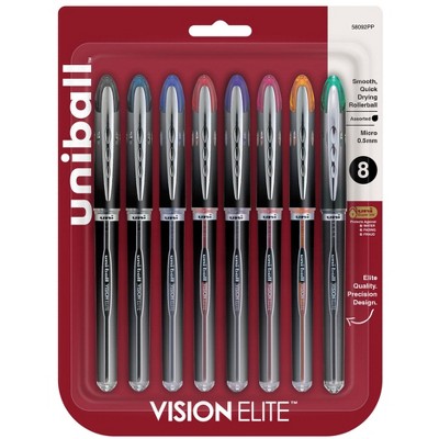 uniball Vision Elite Roller Ball Stick Pen, 0.5 mm Micro Tip, Assorted Colors, Set of 8