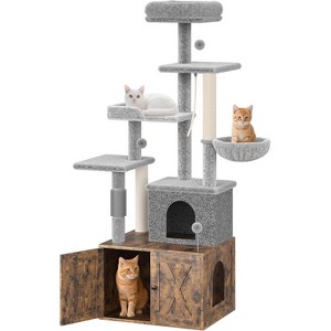 Cat Tree with Litter Box Enclosure, Hidden Cat Washroom Furniture, All-in-One Indoor Kitten House w/Scratching Posts, Cat Tower, Hammock - 1 of 4