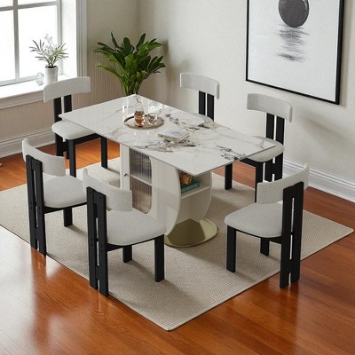 63" Modern 7-Piece Dining Table Set with Burnt Stone Top, Base & Storage, Includes 6 Velvet Chairs for Kitchen or Dining Room