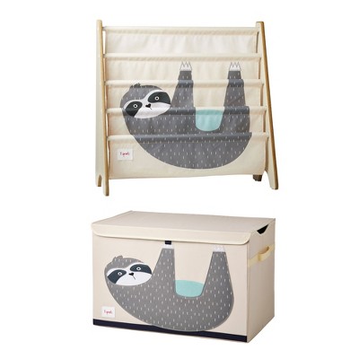 3 Sprouts Collapsible Toy Chest Storage Bin with Lid and Bookshelf Rack for Baby and Toddler Bedroom or Playroom, Sloth Print Design