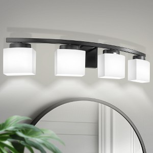 DORESshop 33.5 in. 4-Light Black &Silver  Modern Square Vanity Light for Bathroom, Bedroom with Curved Arms and Milk White Glass Shades - 1 of 4