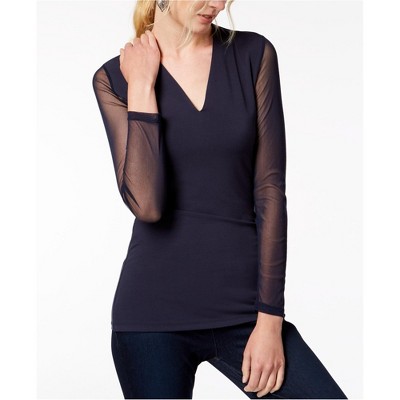 I.N.C International Concepts Womens Illusion Knit Blouse, Blue, X-Small