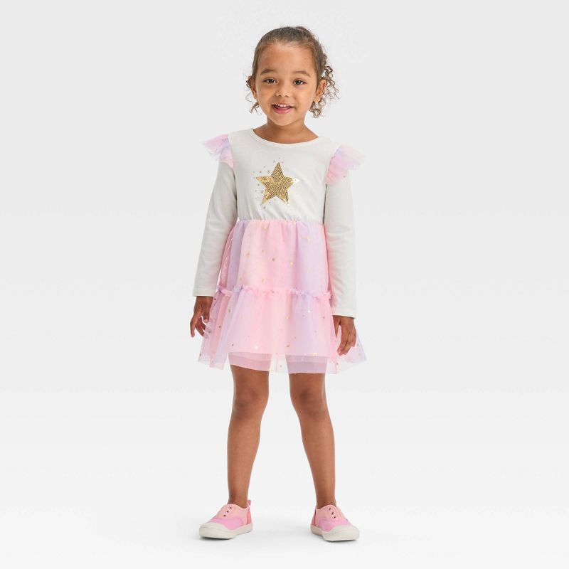 Toddler Girls' Star Long Sleeve Dress - Cat & Jack™ Cream, 1 of 8