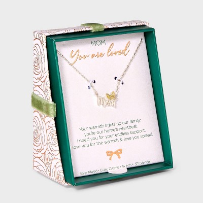Silver Plated Two Tone "Mom" Cubic Zirconia Butterfly Pendant Necklace