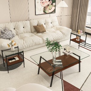 Lyngins 38.58" Modern Coffee Table with Tempered Glass Top, MDF Lower Panel & Metal Legs, 2-Tier Rectangle Center Table, Living Room Tea Table - 1 of 4
