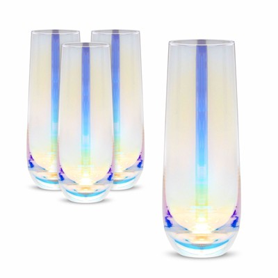 Sparkle and Bash 4 Pack Iridescent Stemless Champagne Flutes, Wine Glasses for Cocktails  (10 oz)