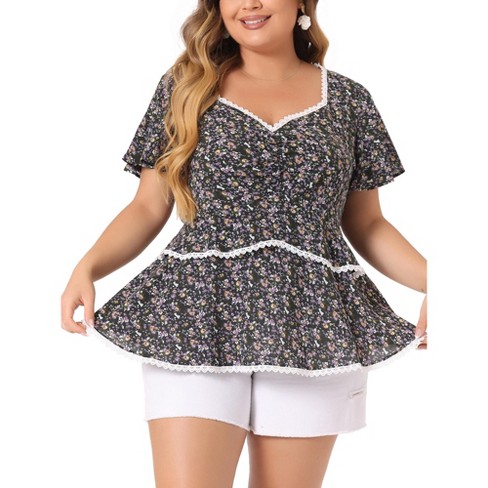 Agnes Orinda Women's Plus Size Tiered Floral Babydoll Ruffle Short Sleeve Blouses - image 1 of 4