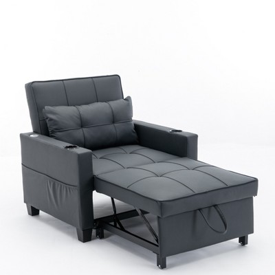 LOVMOR Single/Two Pull Out Sleeper Chair Bed, Convertible Futon Sofa Chair Bed, Sofa Couch Bed with USB Ports, Pillow, Cup Holders, Side Pockets