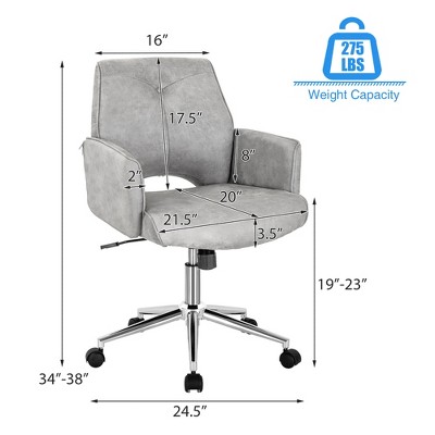 Gray Leather Mid Back Swivel Task Chair with Adjustable Arms