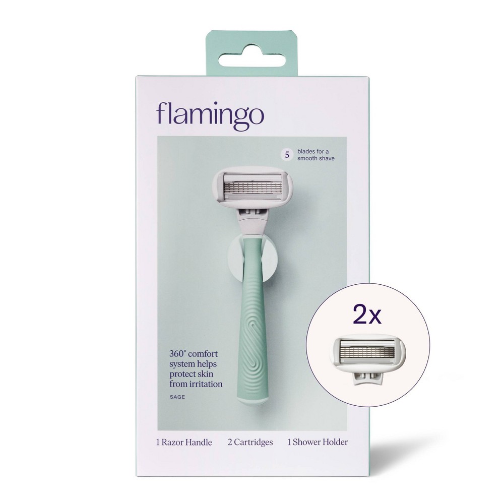 Flamingo 5-Blade Women s Razor: 1 Sage Razor Handle + 2 Razor Blade Cartridges