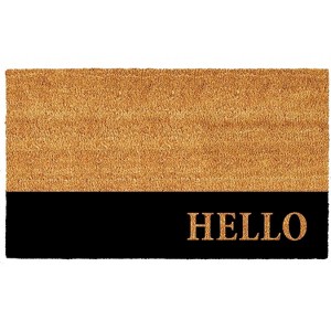 HomeRoots 24" X 36" Natural And Black Color Block Hello Outdoor Coir Door Mat - 1 of 4