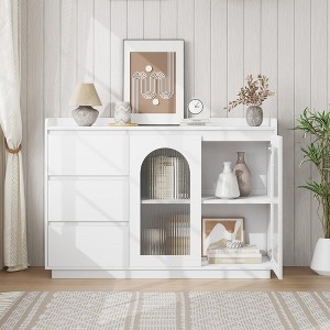 TROPOW Buffet Cabinet with Glass Doors, 48" Large Buffet Cabinets with 3 Led Lights, Modern Buffet Table with 3 Drawers, White - 1 of 4