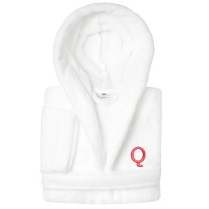 Personalized Linum Kids 100% Polyester SUPER PLUSH Double Brushed Hooded Bathrobe in Pink Bookman Font - 1 of 3