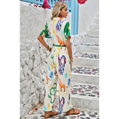 I AM A FASHION JUNKY Allover Print Button Up Belt Jumpsuit