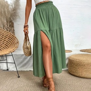 Womens Skirts High Slit Ruffle Hem Smocked Waist Midi Skirt - 1 of 4