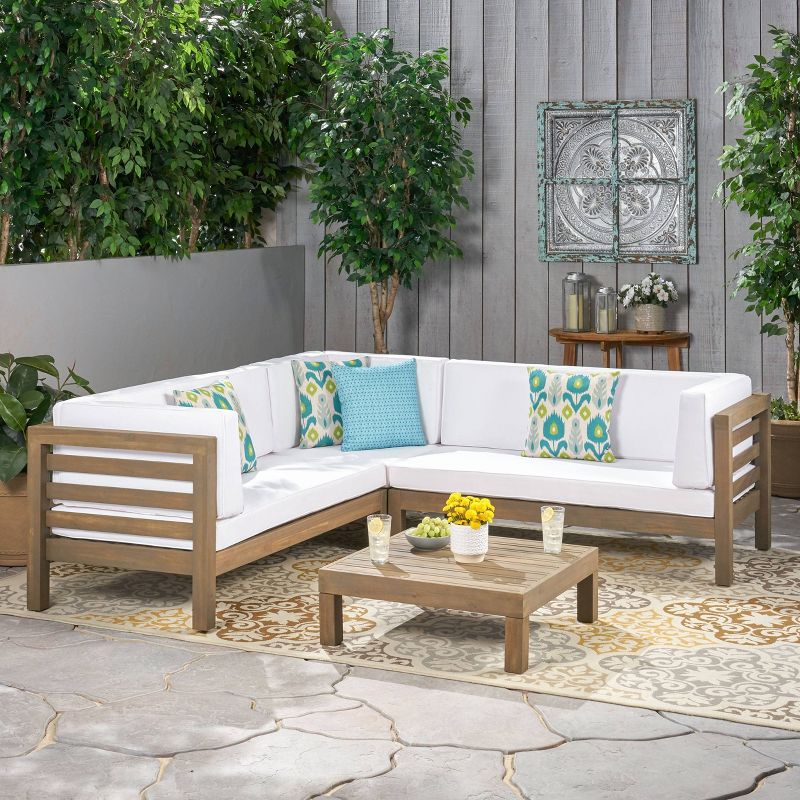 Oana 4pc Acacia Wood Patio Sectional Chat Set w/ Cushions - Christopher Knight Home, 1 of 9