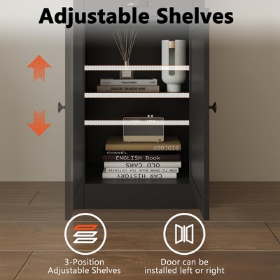 Close-up of adjustable shelves inside cabinet with arrows indicating vertical adjustment