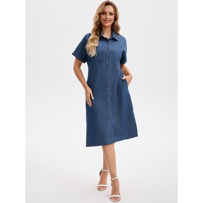 Женские платья INSPIRE CHIC Women's Midi Denim Summer Short Sleeve Button Down Casual Long Tunic Jean Shirt Dress X-Large Navy Blue — фото 2