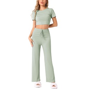 INSPIRE CHIC Women's Ribbed Knit Short Sleeve Crop Top with Pants Outfits Lounge Sets - 1 of 4