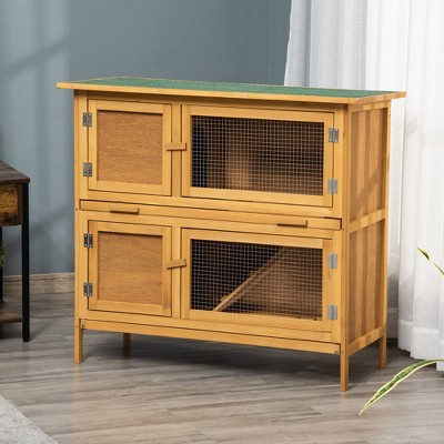 Yellow Wooden Rabbit Hutch with Ramp and Weatherproof Roof