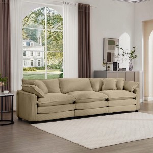 Mid-Century Modern Sofa 3-Seater Sectional Sofa with 2 Arm Pillows and 3 Throw Pillows, Light Beige Corduroy Fabric - 1 of 4