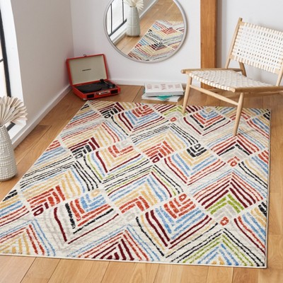 Ivory and Red Geometric Synthetic Rectangular Area Rug