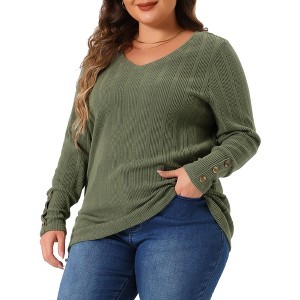 Agnes Orinda Women's Plus Size Long Sleeve V-Neck Decorative Buttons Soft Stretch Knit Blouses - 1 of 4