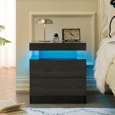 QingMoon Modern End Side with 2 Drawers, with LED Night Stand, Wood Drawers, for Bedroom