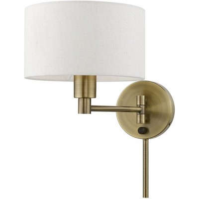 Antique Brass Swing Arm Wall Lamp with Oatmeal Fabric Shade