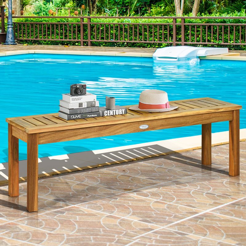 Tangkula Acacia Wood Outdoor Backless Bench Rustic Patio Dining Bench with Slatted Seat, 2 of 6